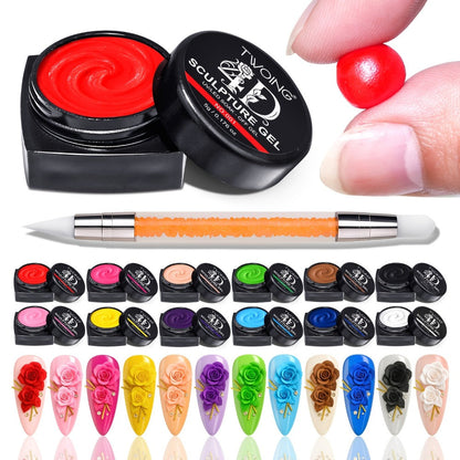 Nail Sculpting Gel Kit 3D 4D 12 Colors with Carving Pen — Firm Non-Sticky Soak-Off Sculpture Gel for Flowers, Leaves, Geometric Designs & Nail Extensions | UV LED DIY & Salon Nail Art for Women