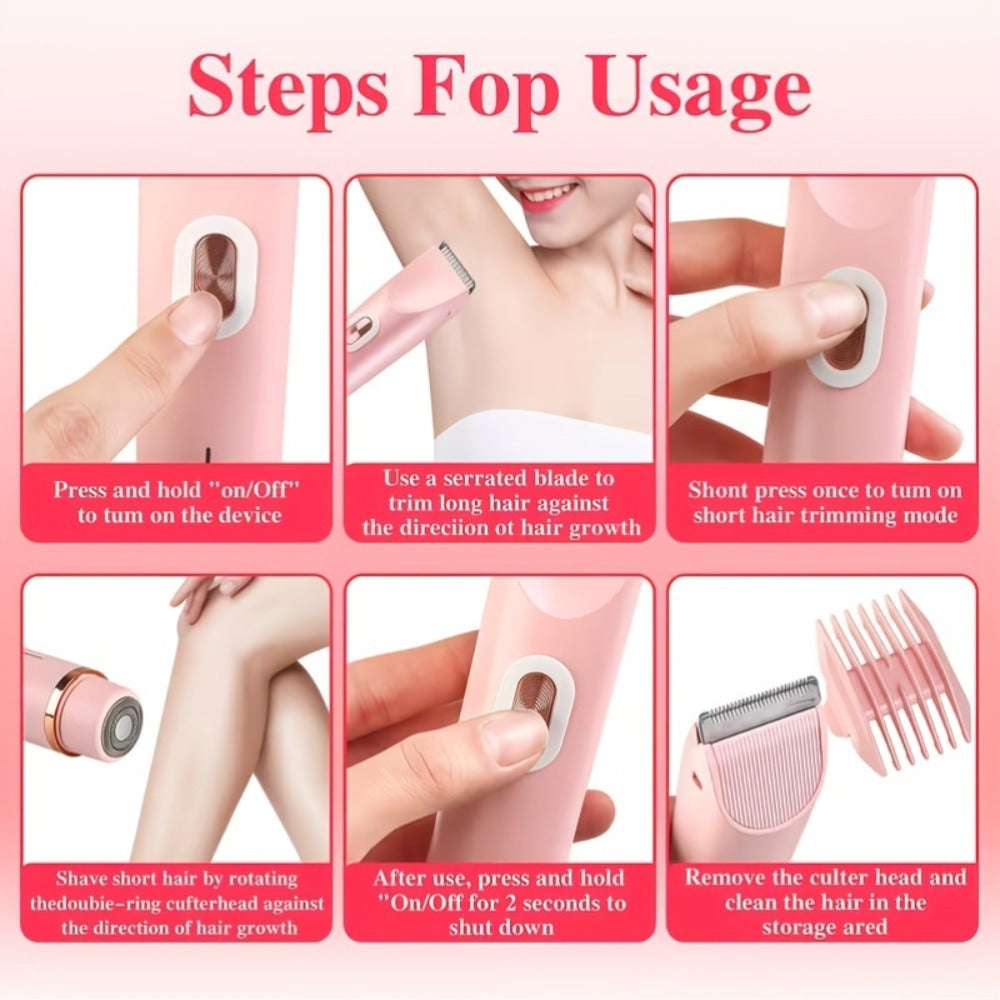 Women's Electric Body Shaver Painless Hair Removal — 2-in-1 Lady Razor for Face Nose Bikini Legs Underarms, Wet Dry Use, IPX6 Waterproof, USB Rechargeable, Portable Travel Shaver