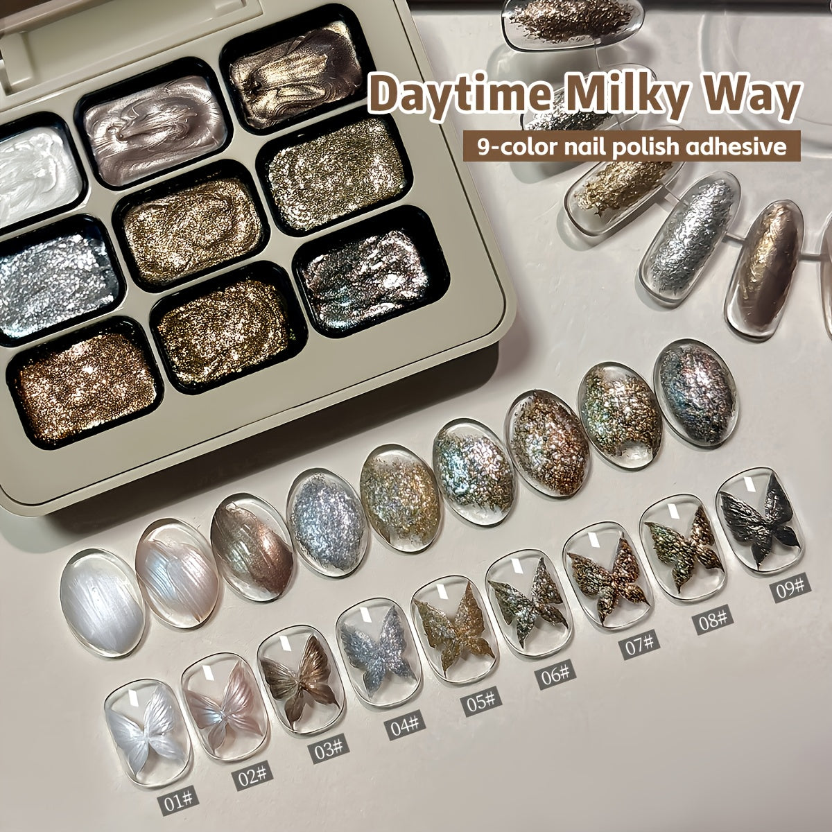Fairy Powder Nail Art Gel Set 9 Colors Galaxy Milky Way – Nine-Grid Special Effect Shimmer Gel Polish Alcohol Free UV LED Soak Off, Long Lasting Glitter Nail Gel for Salon & DIY Home Women