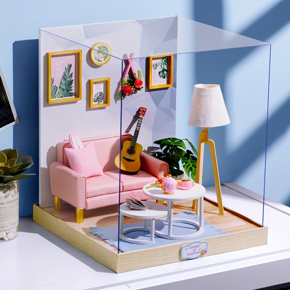 DIY Miniature Dollhouse Kit with Dust Cover Small – Mini House Model No Glue No Batteries, 4 Styles Tea Time Flavor Life Heartbeat Creativity World, Room Desk Decor Birthday Gift for Teens & Adults