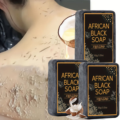 African Black Soap Bar 3-Pack 100g Each with Shea Butter & Coconut Oil — Deep Cleansing Moisturizing Face & Body Wash, Alcohol-Free Natural Soap for Acne, Dry, Oily & Sensitive Skin | All Skin Types