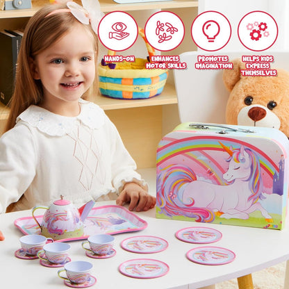 Unicorn Tea Party Set for Girls – Pretend Play Pink Tin Teapot with Cups, Plates & Carrying Case, Magical Rainbow Design, Birthday Christmas Gift for Kids Ages 3+