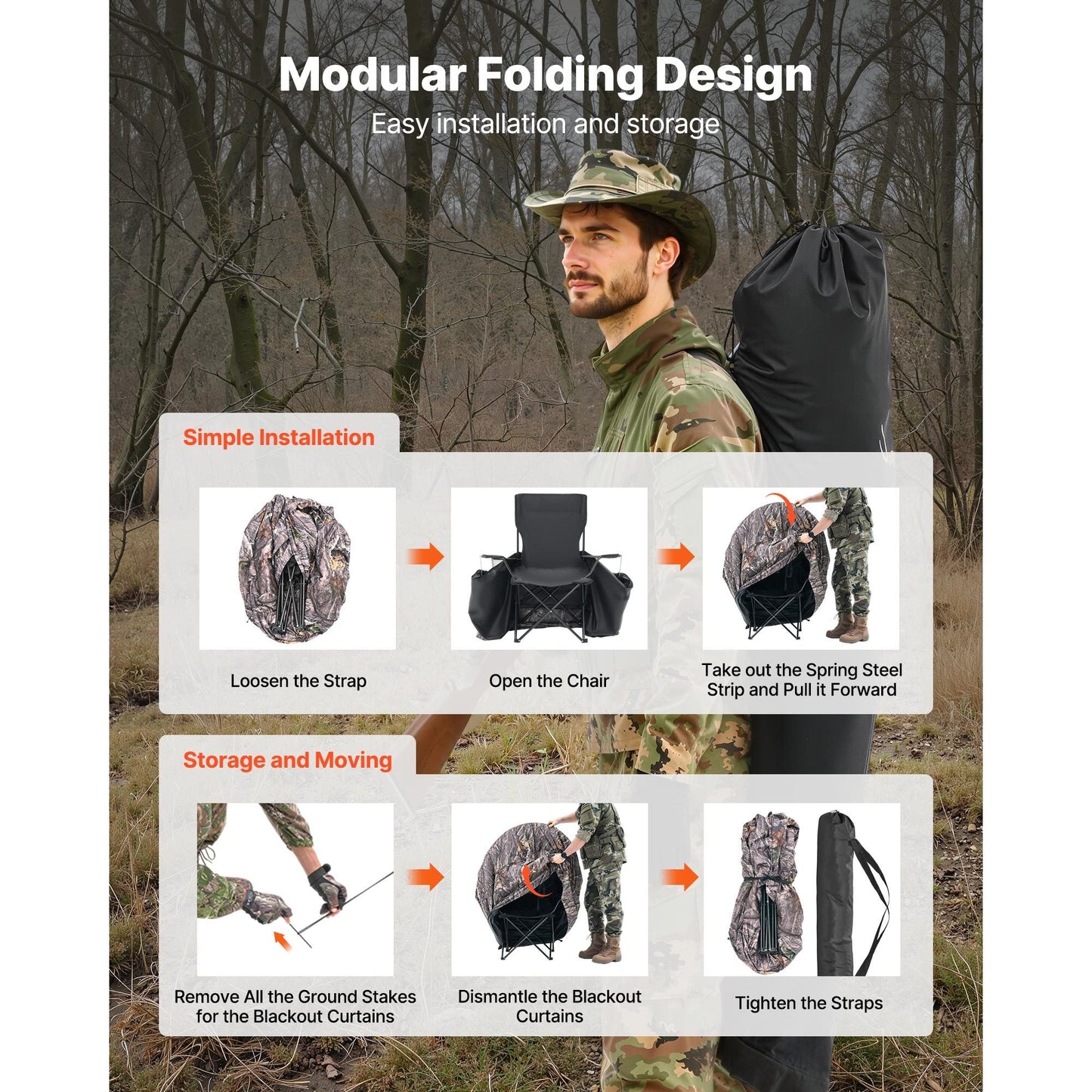 Hunting Blind Ground Blind for Deer Duck Turkey Hunting Single Person Pop Up Blind with Carrying Bag 44x36x53 In Camouflage Waterproof 150D Fabric Silent Half-Zipper Door
