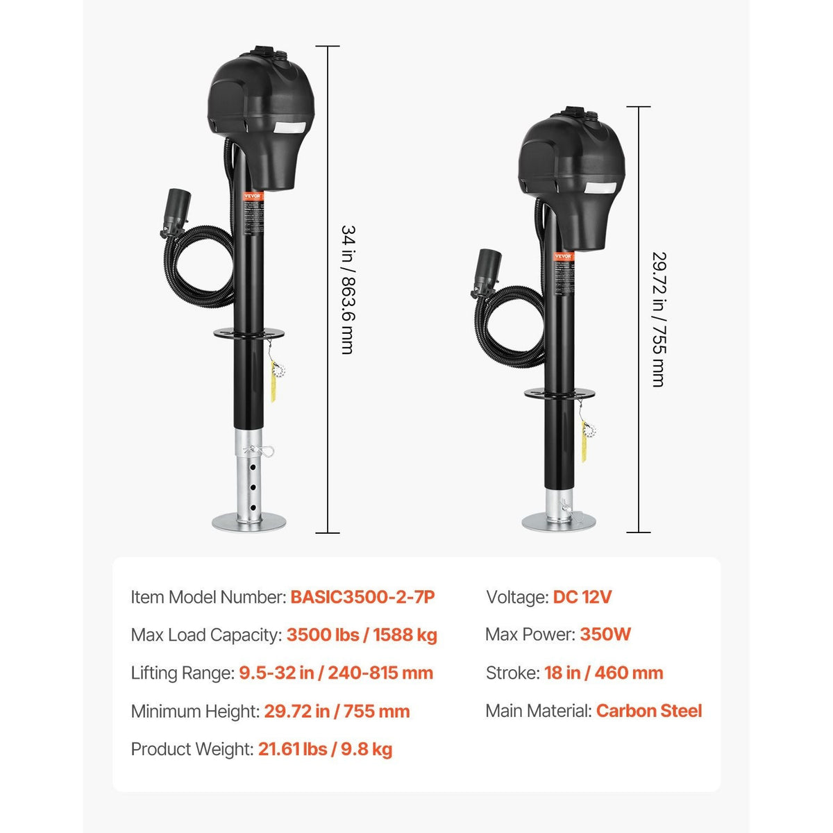 VEVOR Electric Trailer Jack 3500 lbs / 5000 lbs Power Tongue Jack for RV Trailer & Camper Black With a 7-pin Trailer Connector / With Remote Control
