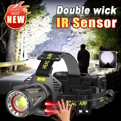 XHP360 Rechargeable Headlamp 3 Modes Sensor 90° Tilt Power Bank Type-C 3x18650 Zoomable Head Torch for Fishing Camping Hiking