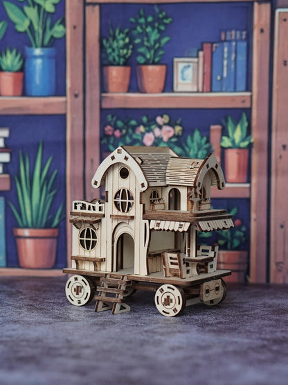 3D Wooden Puzzle Mobile Home on Wheels – DIY Café Bar Model Kit, Handcrafted Miniature House Assembly, Unique Desk Decoration Gift for Adults Teens Birthday Christmas Housewarming