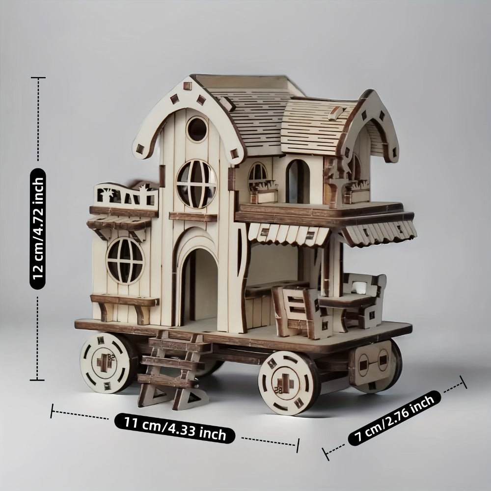3D Wooden Puzzle Mobile Home on Wheels – DIY Café Bar Model Kit, Handcrafted Miniature House Assembly, Unique Desk Decoration Gift for Adults Teens Birthday Christmas Housewarming