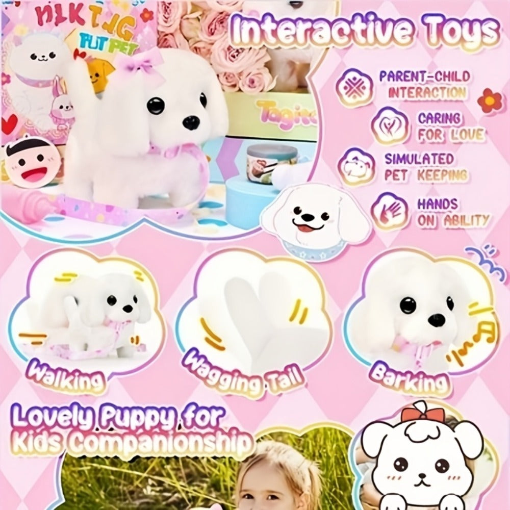 Walking Barking Dog Toy Electronic Interactive Puppy Plush with Tail Wagging Leash Bow Soft Stuffed Animal Birthday Christmas Easter Gift for Kids Girls Toddlers