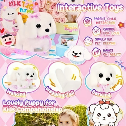 Walking Barking Dog Toy Electronic Interactive Puppy Plush with Tail Wagging Leash Bow Soft Stuffed Animal Birthday Christmas Easter Gift for Kids Girls Toddlers