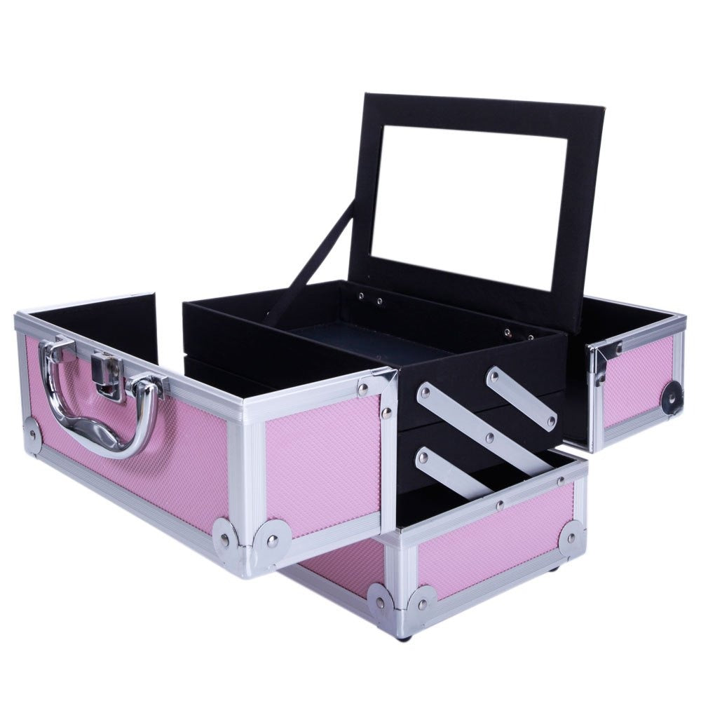 Aluminum Makeup Train Case with Wheels Large Capacity Lockable Cosmetic Trolley Organizer Adjustable Dividers Retractable Handle for Makeup Artists Salon Travel Black Silver Pink Beauty Gift