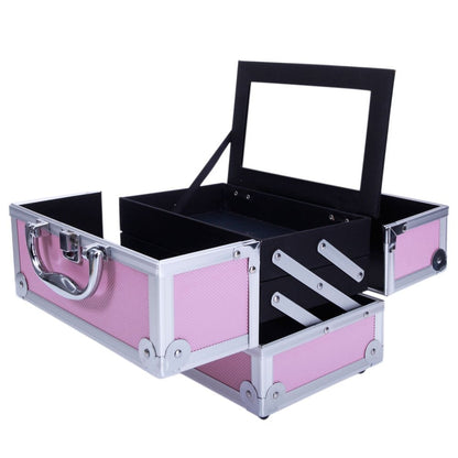 Aluminum Makeup Train Case with Wheels Large Capacity Lockable Cosmetic Trolley Organizer Adjustable Dividers Retractable Handle for Makeup Artists Salon Travel Black Silver Pink Beauty Gift