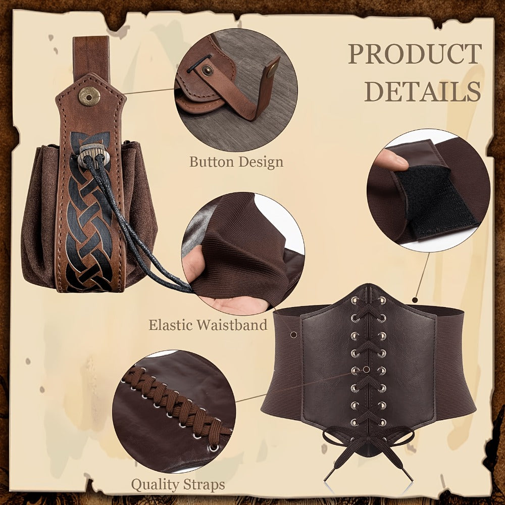 Medieval Costume Accessories Set 5-Piece – Corset Belt, Renaissance Belt Bag, Cork Potion Bottle & More for Halloween, Renaissance Faire, LARP & Cosplay, Unisex Adult Outfit Kit, Black & Brown