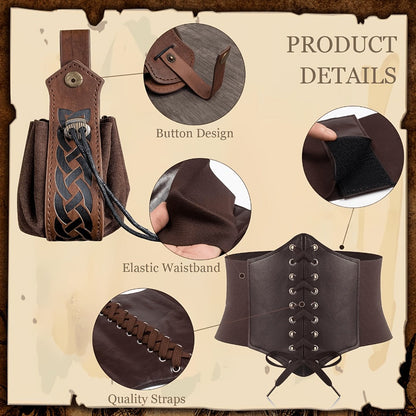 Medieval Costume Accessories Set 5-Piece – Corset Belt, Renaissance Belt Bag, Cork Potion Bottle & More for Halloween, Renaissance Faire, LARP & Cosplay, Unisex Adult Outfit Kit, Black & Brown