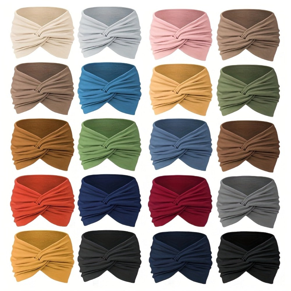 Stretchy Headbands 20 Pack for Women & Men – Soft Sweat-Wicking Non-Slip Elastic Turban Knot Hair Wraps Breathable Solid Colors for Yoga Running Gym Workout Daily Fashion Bulk Set