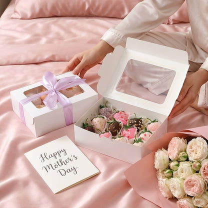 Cookie Boxes with Window 48pcs | 8x6x2.5 Inch Bakery Boxes 3 Styles | Clear Window Pastry Gift Boxes for Chocolate Covered Strawberries, Candy, Donuts, Cookies | Birthday Party, Wedding, Father's Day