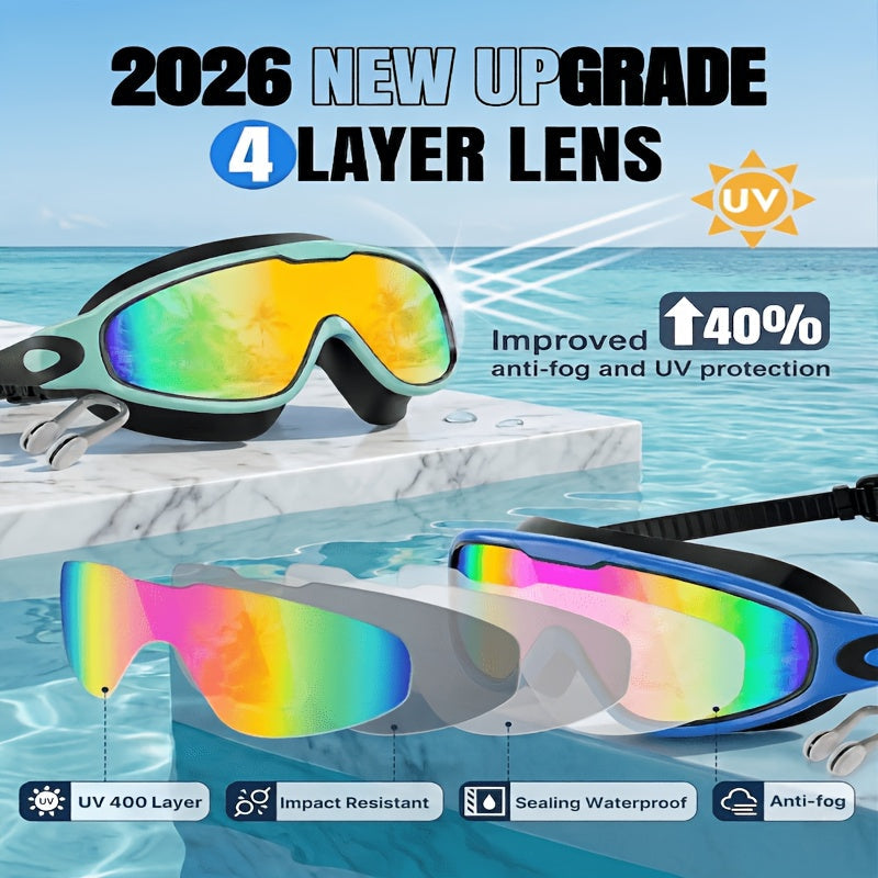 2 Pack HD Anti-Fog Swim Goggles – Leak-Proof Wide Vision, UV Protection Mirrored Lens, Comfortable Fit for Men Women Adults, with Earplugs Nose Clip Case & Waterproof Bag