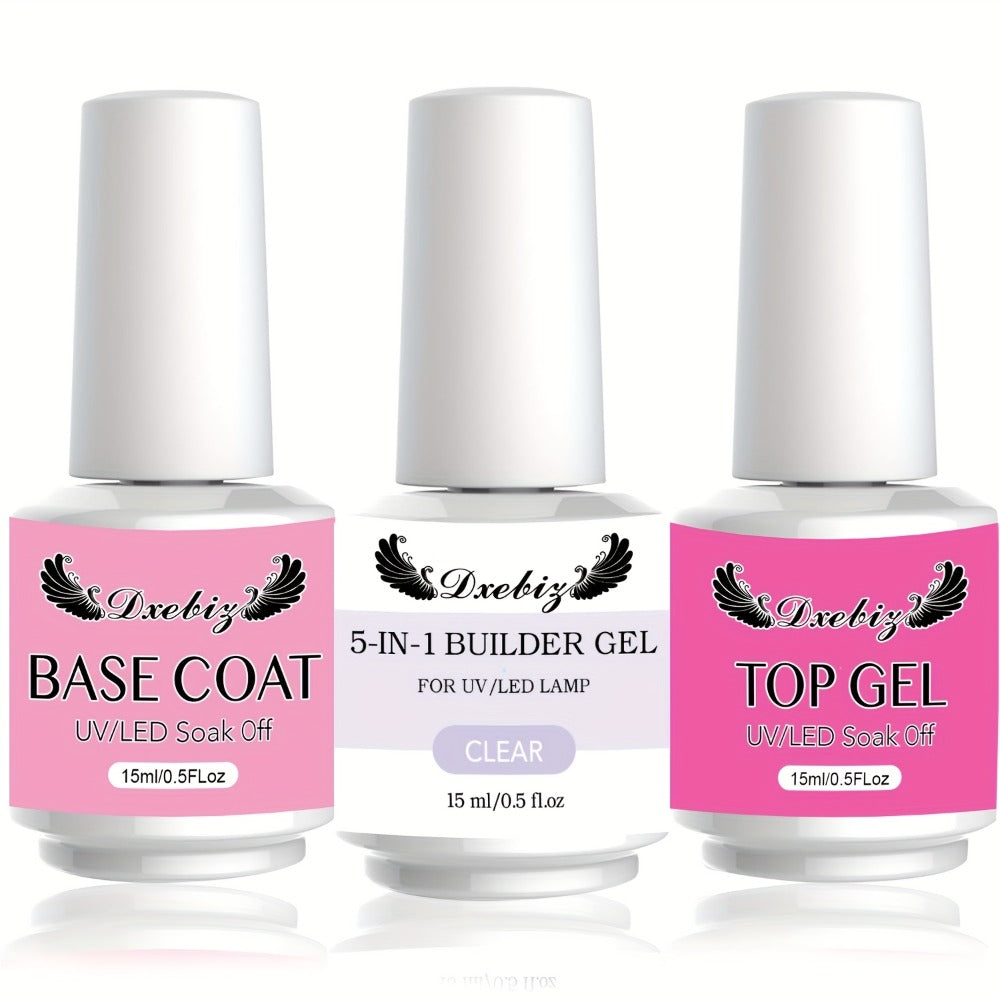Builder Gel Nail Kit 5-in-1 Clear Nail Extension Gel Set — Primer Brush Repair Gel Nail Strengthening Overlay Kit 0.51oz, Beginner DIY Home Salon for Natural Nails Women Nail Art Starter
