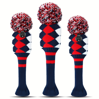 Knitted Golf Club Head Covers 3-Pack Set for Driver & Fairway Woods, Fits 460cc Drivers, Hook & Loop Closure Protective Headcovers for 1 3 5 Woods, Stylish Mixed Color Golf Club Protectors
