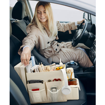 Portable Car Seat Organizer with Cup Holder Tray & Cooler Compartment - Multi-Compartment Backseat Storage for Adults, Fit Travel Accessories Organizer for Front/Rear Seats, Neutral Design, Sturdy Handles