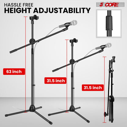 63-Inch Dual Microphone Boom Stand with Tripod Base and Two Mic Clips