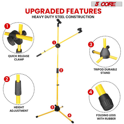 63-Inch Dual Microphone Boom Stand with Tripod Base and Two Mic Clips