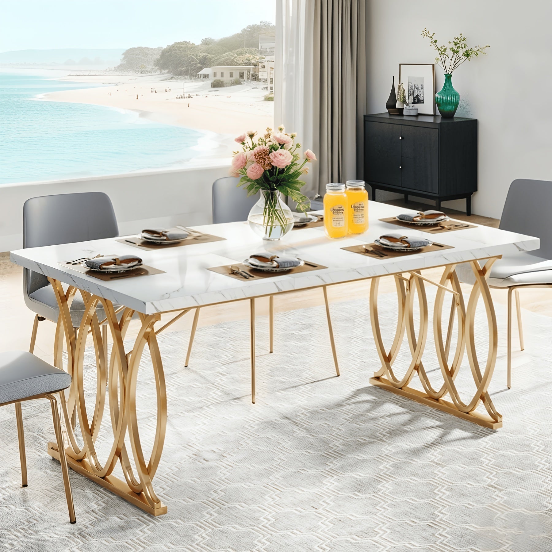 Dining Table, 63" Modern for 4 - 6 People - Faux Marble Tabletop, Gold Geometric Legs shown in the main product view