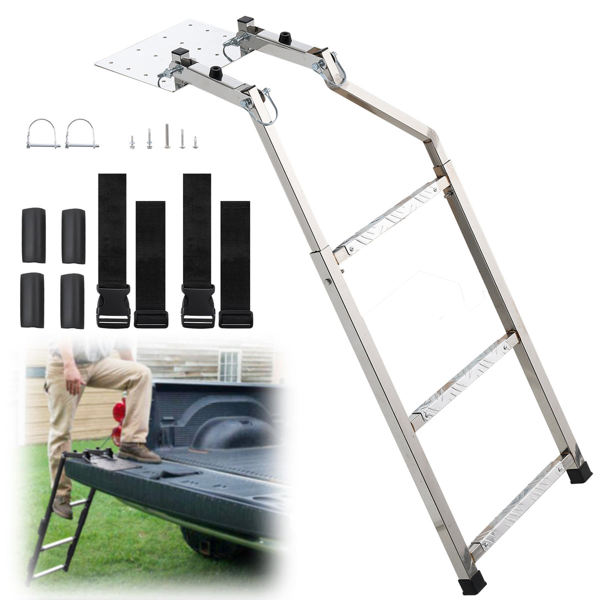 Heavy-Duty Foldable Rear Ladder for Pickup Trucks with Anti-Slip Steps, Adjustable Height, And Universal Fit for Ram, for Ford, Chevy, And for GMC. Easy to Install with Four Screw Options.
