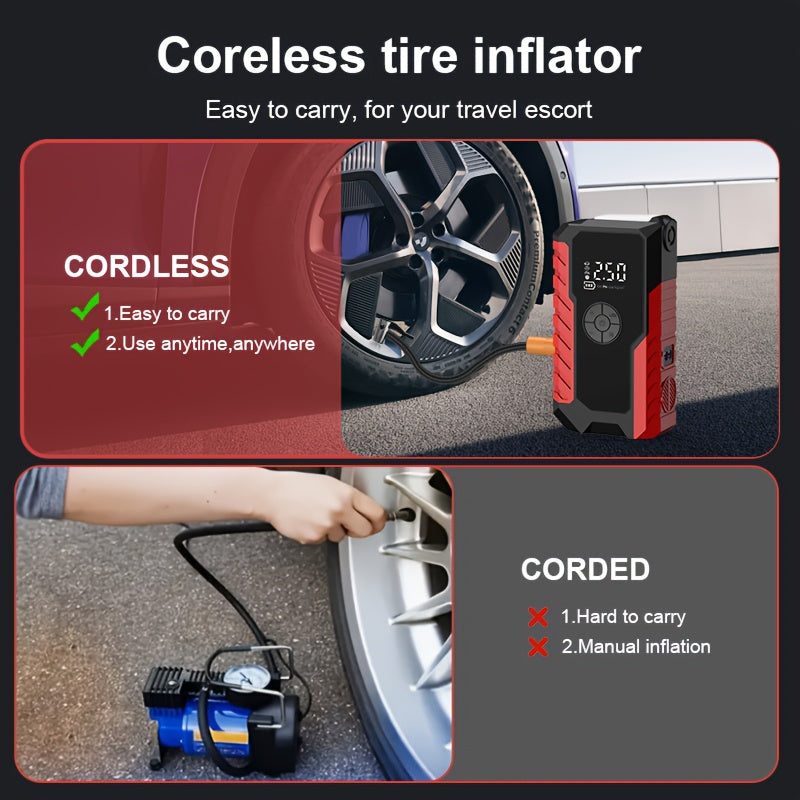 10000A 7-In-1 Multifunctional Emergency Jump Starter with 150PSI Air Pump, Digital Tire Inflator, Portable Car Battery Charger, Up to 2.64gal Gas/2.38gal Diesel, LED Emergency Light & USB Charging, Car Emergency Tool. Suitable As a Holiday Gift