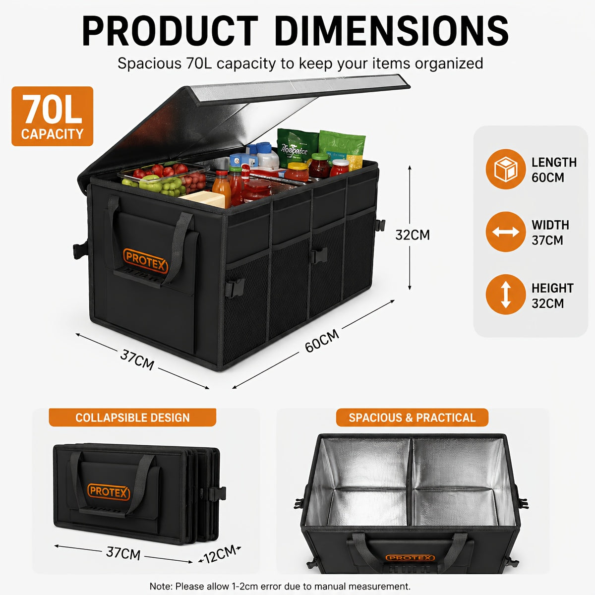 PROTEX Multifunctional Car Trunk Ice Pack (70 Liters) - Foldable with Lid, Cold And Heat Insulation, Large Capacity Organizer - Black Gray