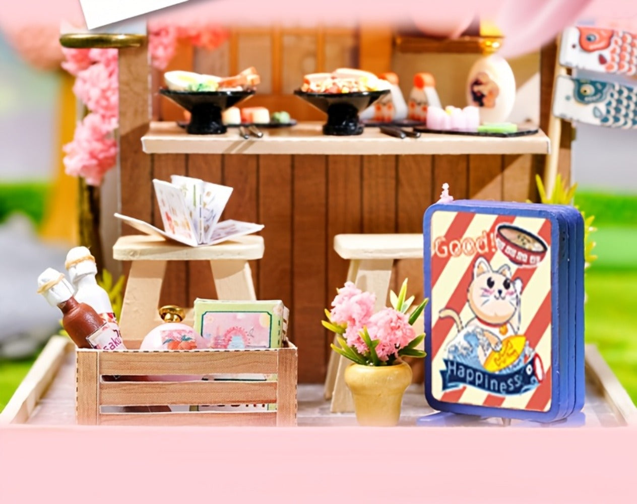 DIY Miniature Shop Dollhouse Kit with Dust Cover – Wooden Mini Store Assembly Set, 4 Themes Sakura Noodles Candy Atelier Coffee, Creative Home Decor Display Gift for Adults & Teens Birthday Christmas