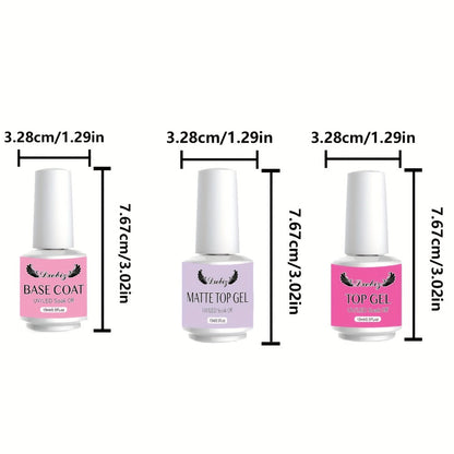 Gel Nail Base & Top Coat Kit 3pcs No-Wipe Glossy & Matte Top Coat + Base Gel — Long-Lasting Soak-Off LED Salon Nail Art Complete System 0.51oz Each for Home & Salon