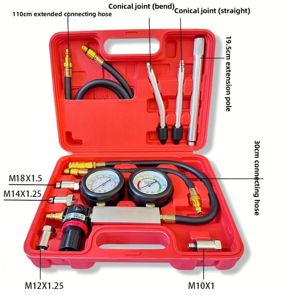 Engine Compression Tester and Cylinder Leak Down Tester Kit TU-21 Dual Gauge Leakdown Detector for Car Motorcycle Truck Gasoline Engine Pressure Diagnostic Tool