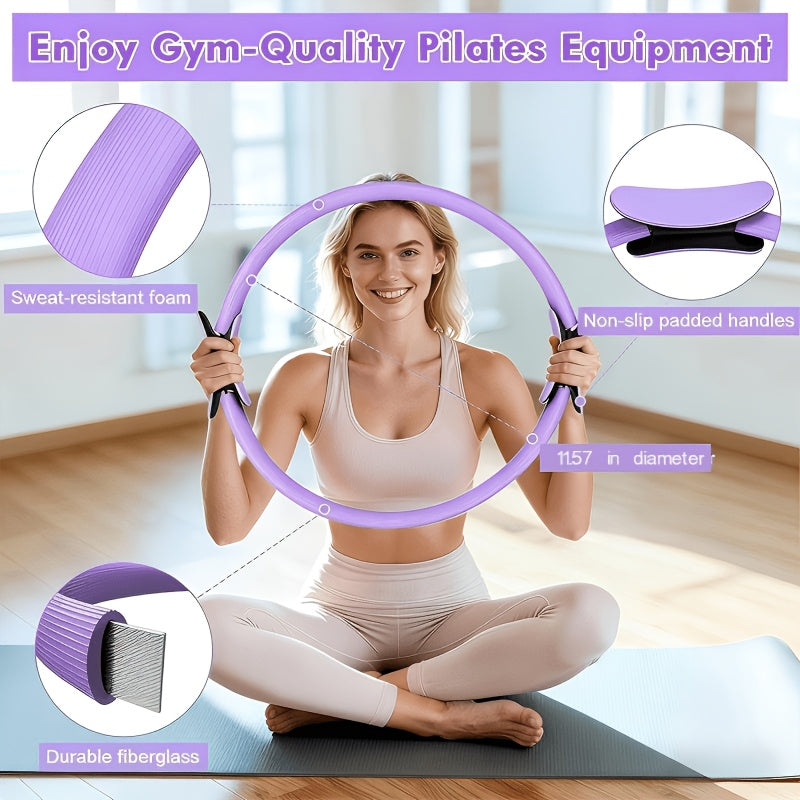Silicone Pilates Exercise Set 16-Piece – Pilates Rings, Resistance Bands, Yoga Ball & Accessories for Home Yoga & Daily Fitness Workouts – Pink & Purple