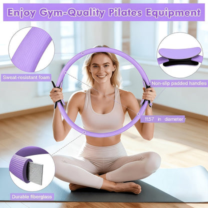 Silicone Pilates Exercise Set 16-Piece – Pilates Rings, Resistance Bands, Yoga Ball & Accessories for Home Yoga & Daily Fitness Workouts – Pink & Purple