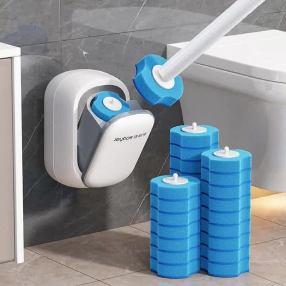 Disposable Toilet Brush & Holder Set with 6 Refill Wands – Wall Mounted, Pre-Loaded Scrubbing Solution, No-Touch Bathroom Cleaning Supplies, White