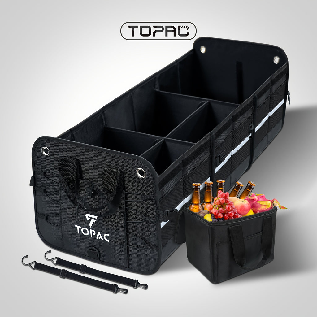 TOPAC Car Trunk Organizer with 3 Compartments with Cooler Bag, - Trunk Organizer, Foldable Trunk Organizer for SUVs & Sedans, Sturdy Car Organization for Car Accessories, Tools, Sundries, Black, 29.92*14.57*12.61"
