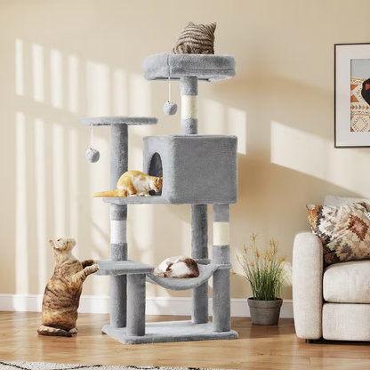 44-Inch Cat Tree Tower with Condo & Hammock - Multi-Level Indoor Cat Tree with Natural Sisal Scratching Posts, Perches & Pet House for Cats & Kittens, Stable Cat Climbing Tower, 5 Colors