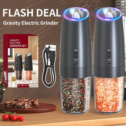 Electric Salt and Pepper Grinder Gravity Sensing USB Rechargeable with LED Light, One-Hand Operation Automatic Pepper Mill Adjustable Coarseness, Battery or Type-C Powered Kitchen Spice Grinder Set 1-2pcs