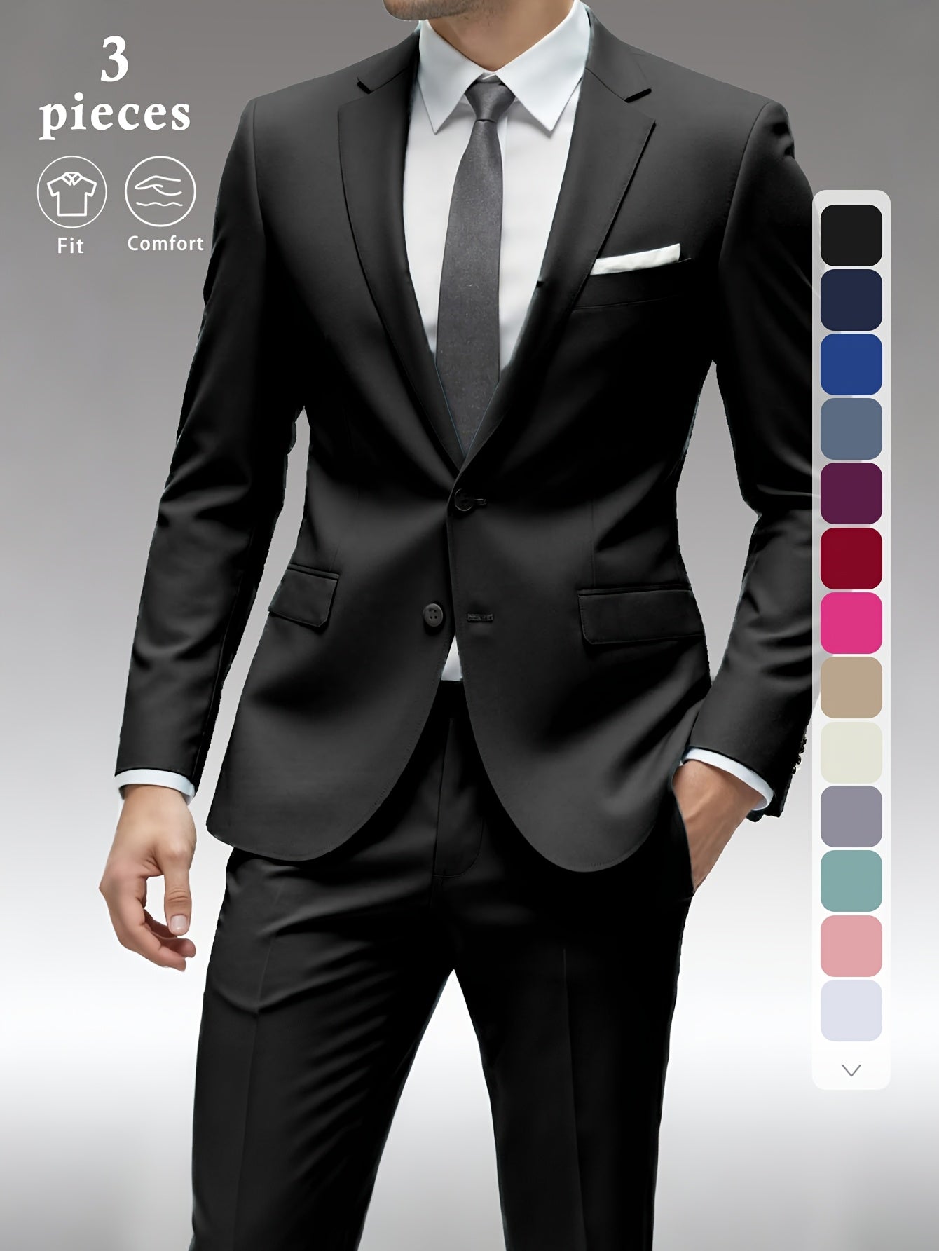 Men's Three-Piece Formal Suit - Slim Fit Solid Color