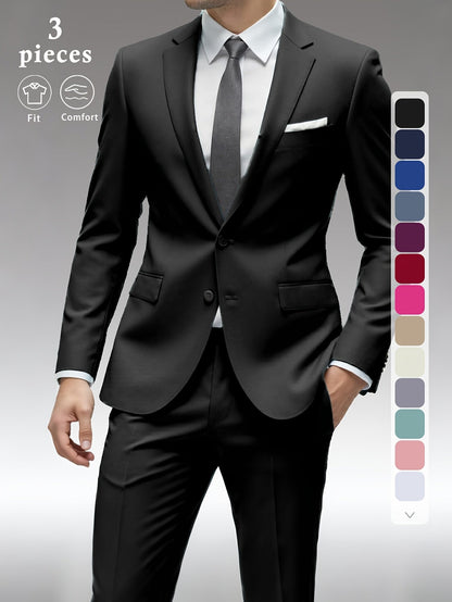 Men's Three-Piece Formal Suit - Slim Fit Solid Color