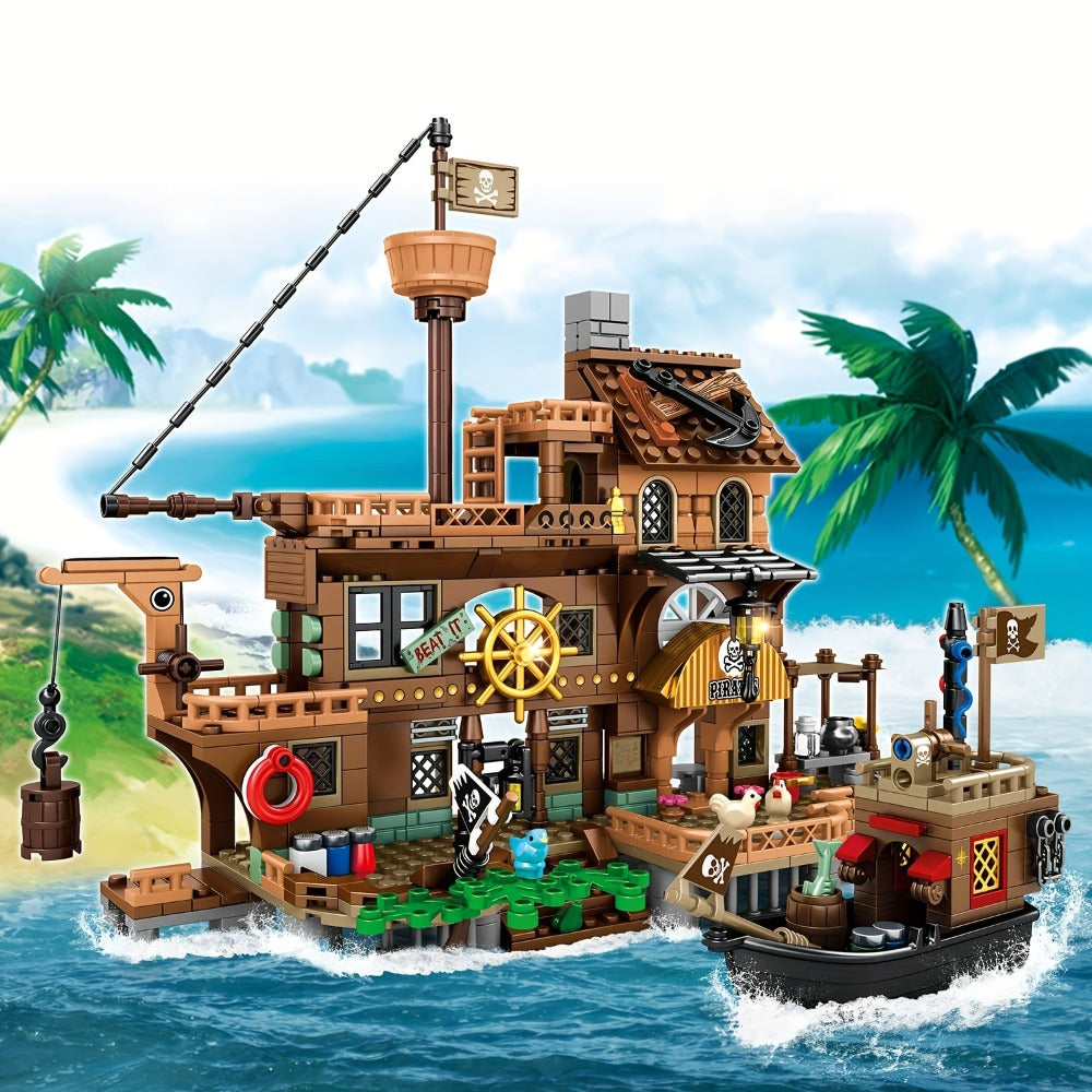Pirate Ship Building Blocks Set 573 Pieces – Pirate's Wharf Supply Center Brick Toy, LEGO-Compatible Adventure Build for Kids & Adults, Birthday Gift for Boys Who Love Pirates & Ships