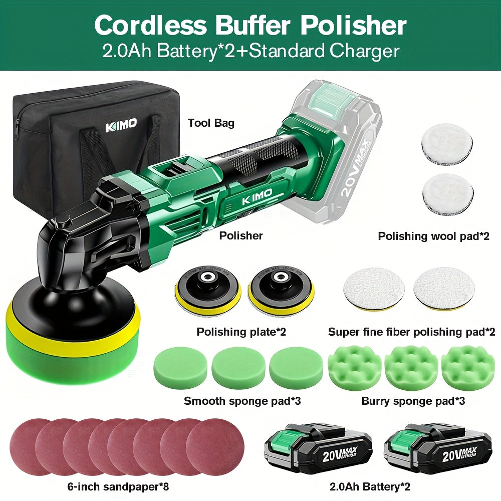 KIMO 20V Cordless Buffer Polisher Kit, 24 Accessories, 2 X 2000mAh Batteries, Car Polisher W/ 6 Variable Speed Up to 3634RPM, Cordless Polisher for Car Detailing Waxing Polishing Scratch Removing Bathroom Cleaning