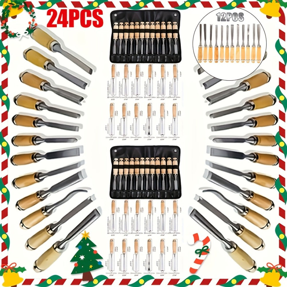 Wood Carving Chisel Set 12 & 24-Piece – Professional Beech Wood Handle Woodworking Chisels, Detail Carving Hand Tools for Beginners & Experts, Ideal Woodworker Gift