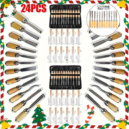 Wood Carving Chisel Set 12 & 24-Piece – Professional Beech Wood Handle Woodworking Chisels, Detail Carving Hand Tools for Beginners & Experts, Ideal Woodworker Gift