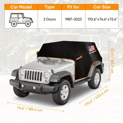 Jeep Wrangler Half Car Cover Waterproof 210D Oxford Fabric – Reflective Strip Windproof Straps for JK JL JKU JLU 2-Door & 4-Door 2007–2024