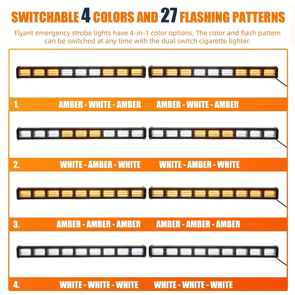 Visor Light Bar 162 LEDs 4-Color Switchable Emergency Warning Light Bar with 27 Flash Patterns Dual Switch Windshield Dash Lights for Trucks Construction Vehicles 12-24V