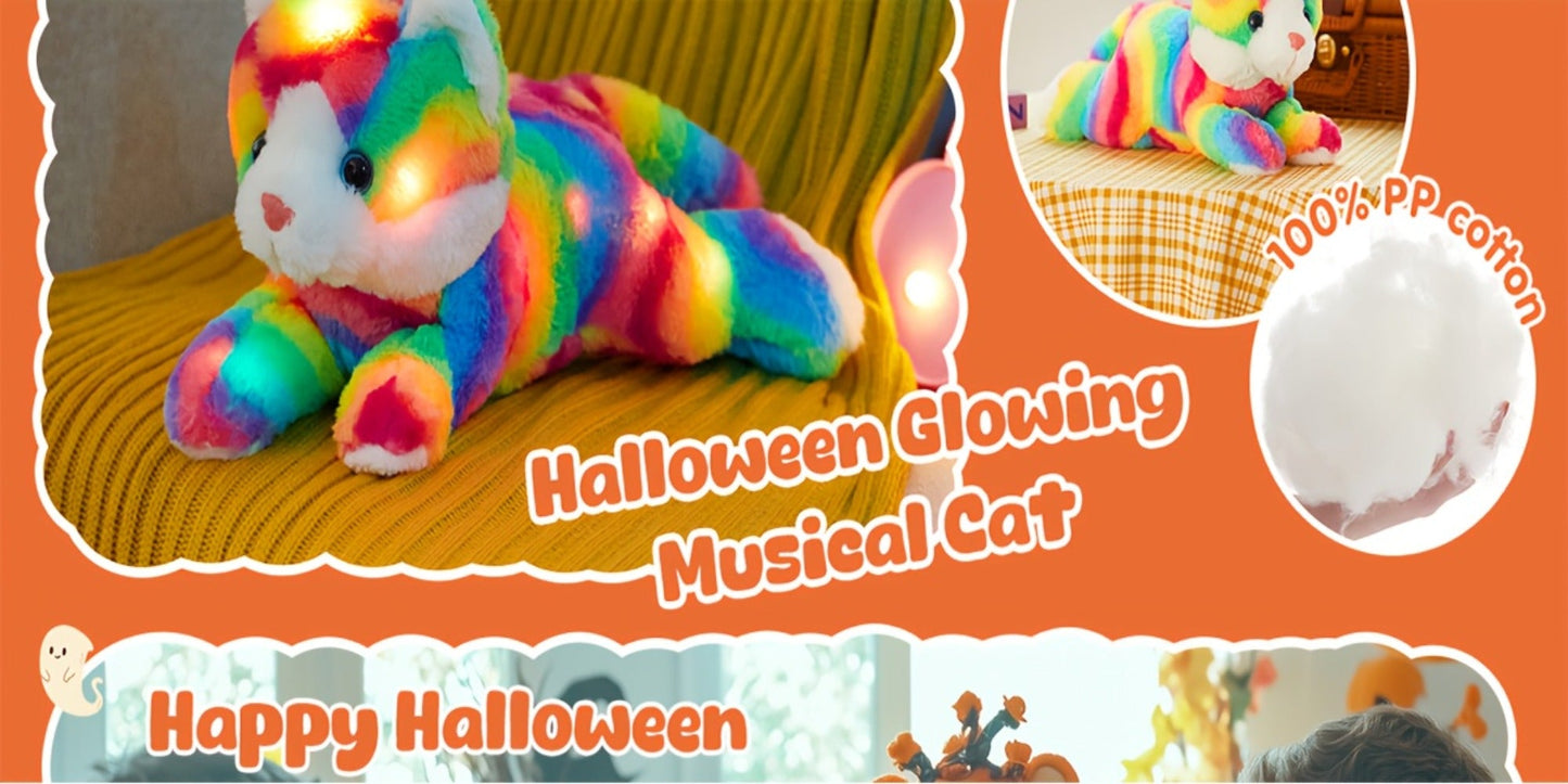 Glowing Rainbow Cat Stuffed Animal Plush Toy — Colorful LED Light Up Musical Soft Plush Kitten Doll for Kids Girls Boys | Birthday Christmas New Year Party Gift | Room & Party Decor