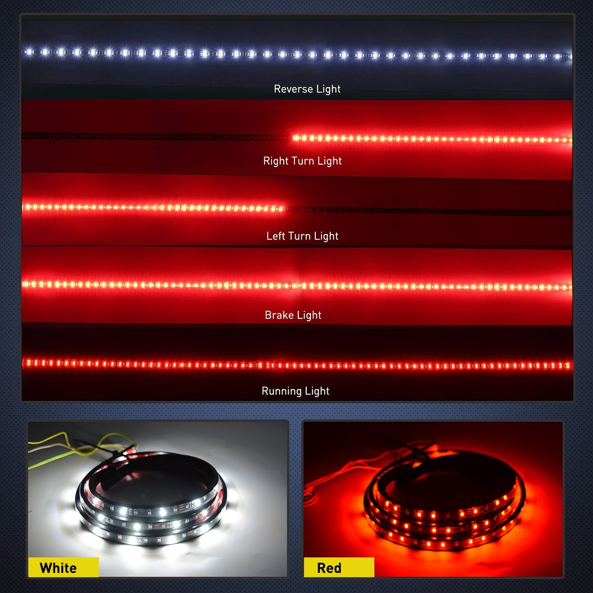 60" Truck Tailgate Light Bar, 108 LED Single Row Light Strip, with Red Running Brake Lights, Turn Signal White, Reverse Light, for Car Truck Additions, Without Battery