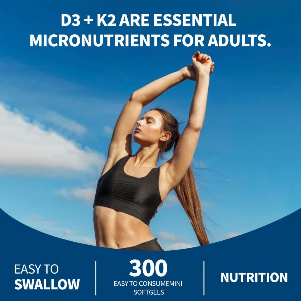 Vitamin D3 K2 MK-7 Supplement 300 Softgels — 3000 IU D3 + 75mcg K2 with Virgin Coconut Oil for Calcium Absorption Bone Density Immune & Heart Health Double Strength One-a-Day