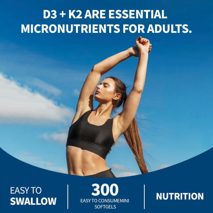 Vitamin D3 K2 MK-7 Supplement 300 Softgels — 3000 IU D3 + 75mcg K2 with Virgin Coconut Oil for Calcium Absorption Bone Density Immune & Heart Health Double Strength One-a-Day